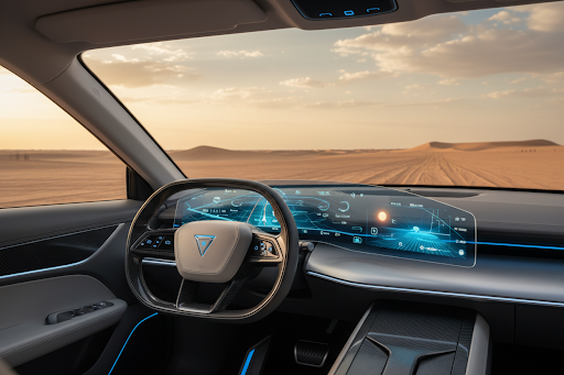 Interior view of car dashboard facing desert dunes
